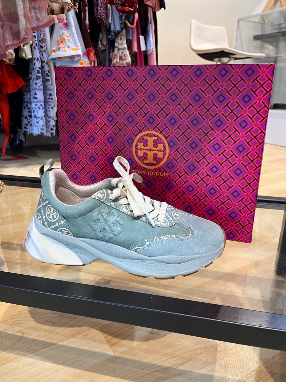 Tory Burch Sea Blue Logo-Accent Lace-Up Suede Sneaker